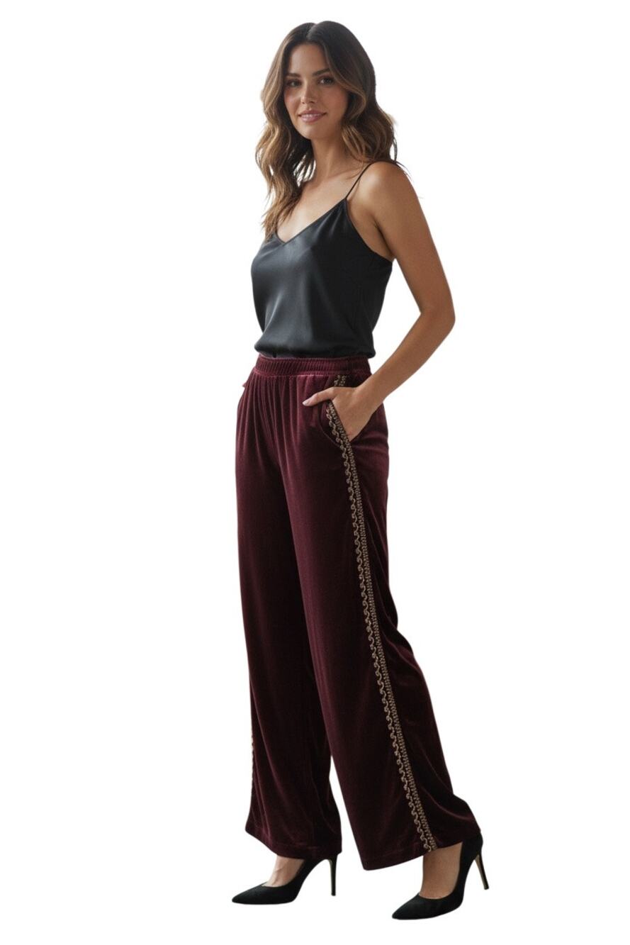 Johnny Was $270 Wide Leg Velvet Pants Blackberry Dark Red Embroidered Size S